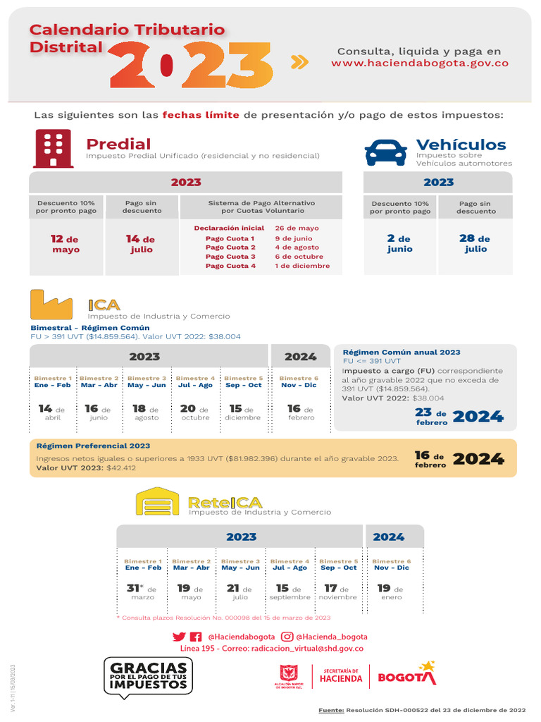 Calendario Tributario 2023 Bogotá | PDF | Impuestos | Finanzas del gobierno