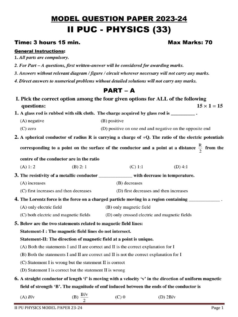 Physics MQP II Puc 2023-24 | PDF