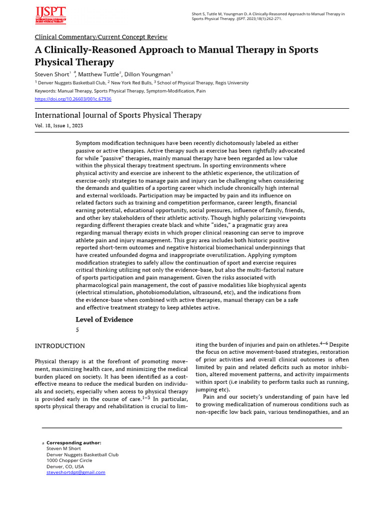 A clinically reasoned approach to manual therapy in sports physical