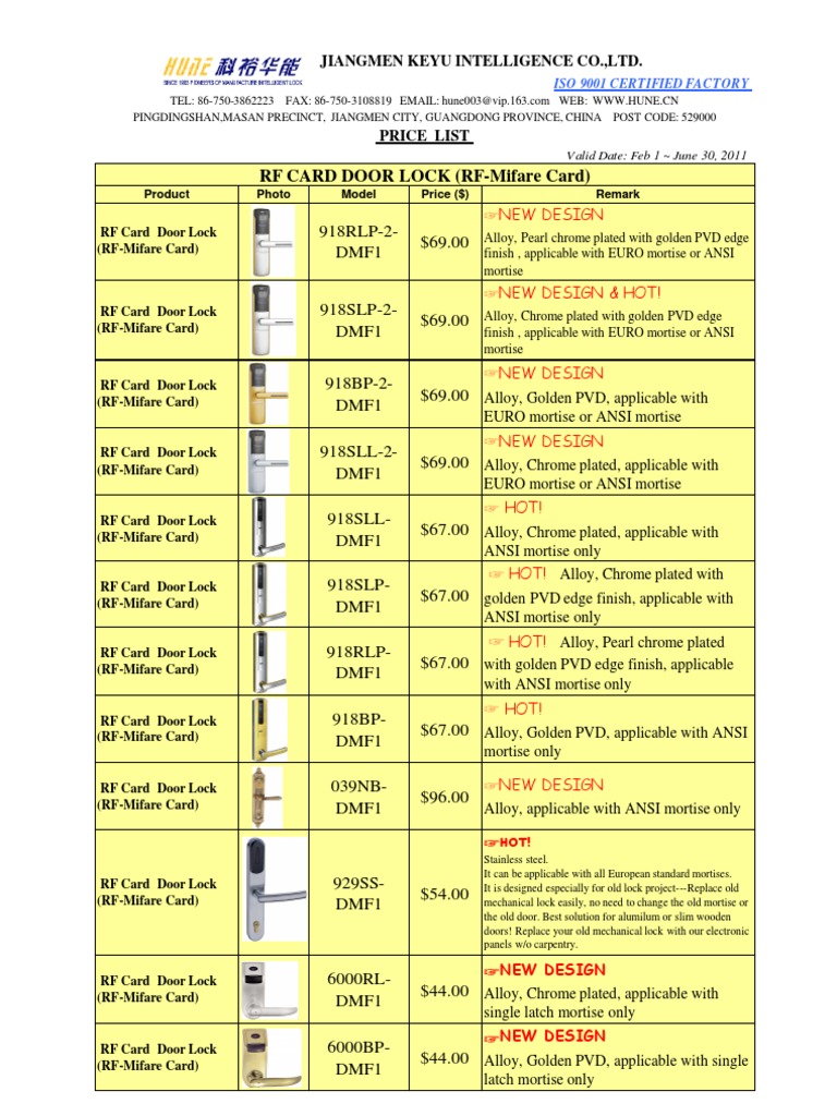 RF Card Door Lock Price List 2011 | PDF | Door | Steel