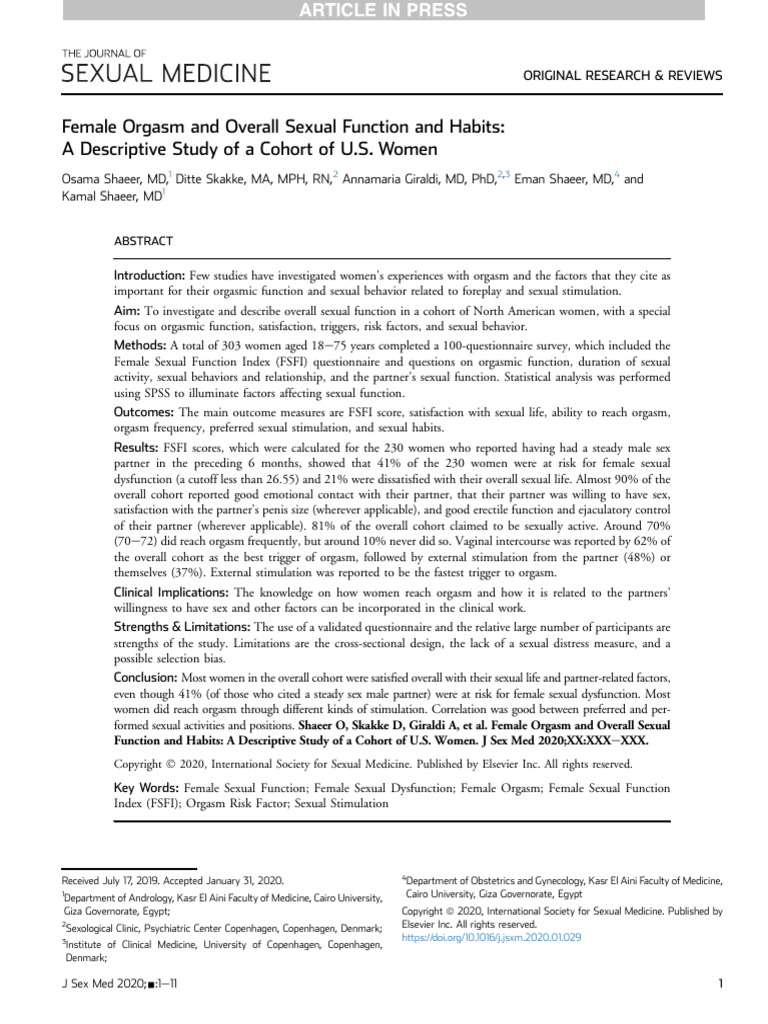 Female Orgasm And Overall Sexual Function And Habits PDF Orgasm 