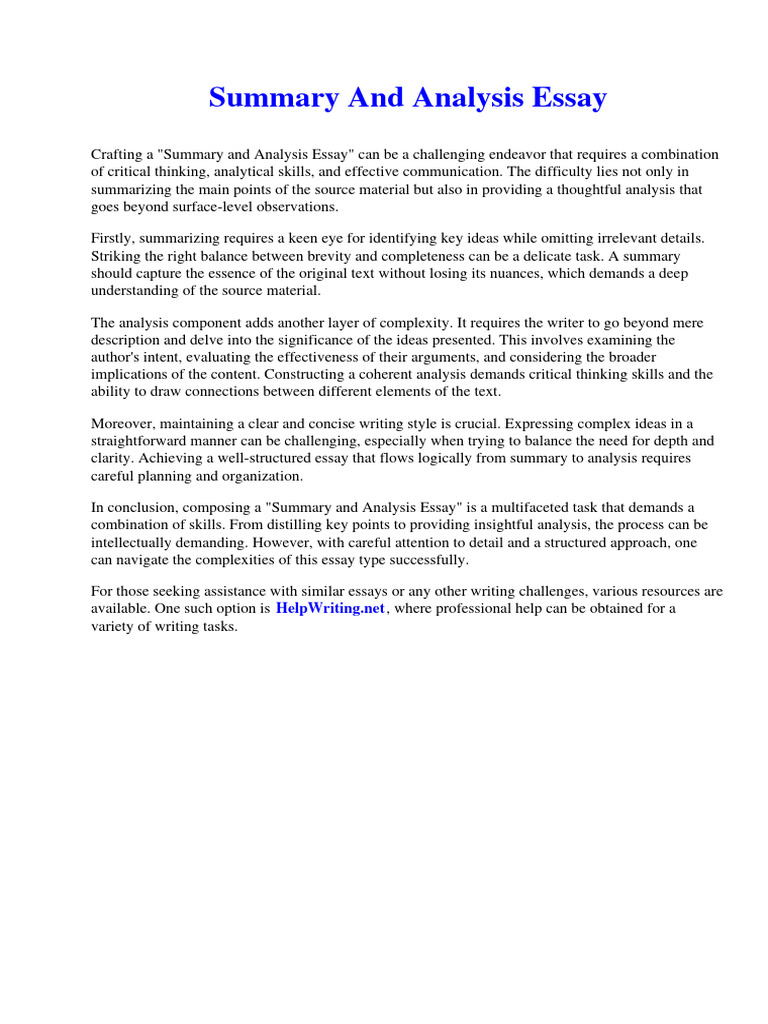 Summary and Analysis Essay PDF Essays Poetry