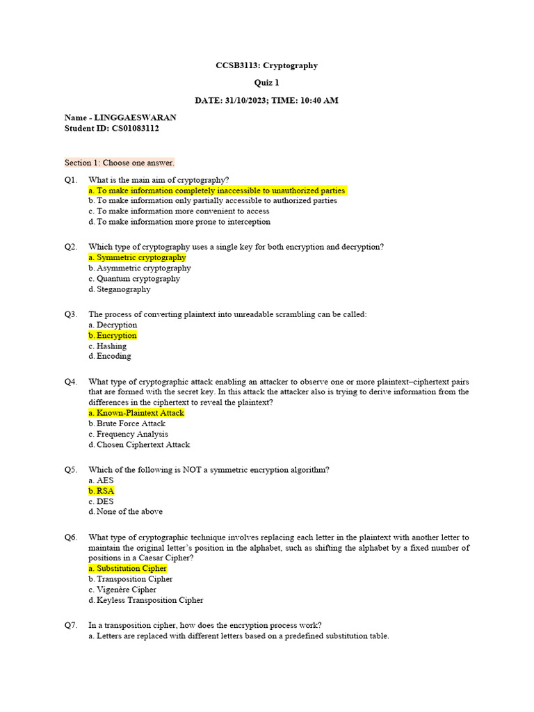 Quiz 1 Crypto CS01083112 | PDF | Cryptography | Cipher