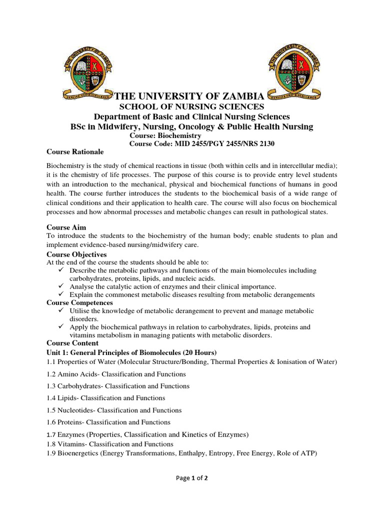 2nd Yr UNZA Biochem Course Outline PDF Metabolism Biochemistry