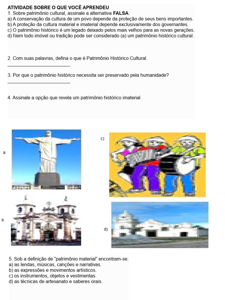 ATIVIDADES PATRIMONIO HISTORICO 1º | PDF | Herança cultural | UNESCO