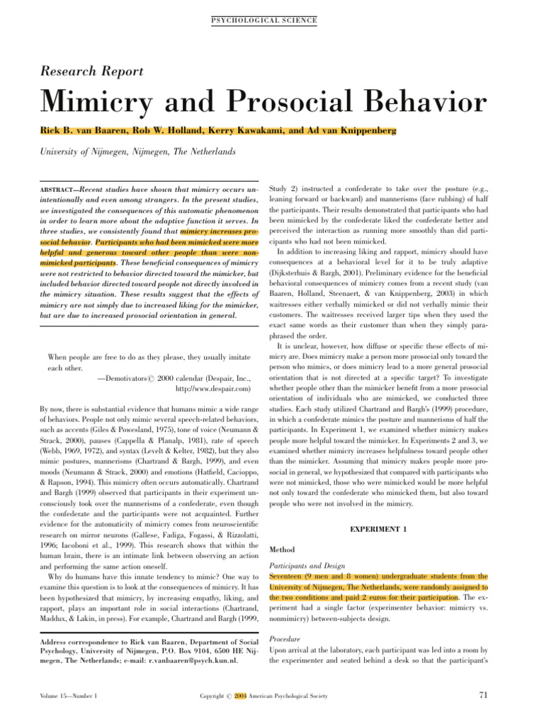 Mimicry and Prosocial Behavior | PDF | Mimicry | Experiment