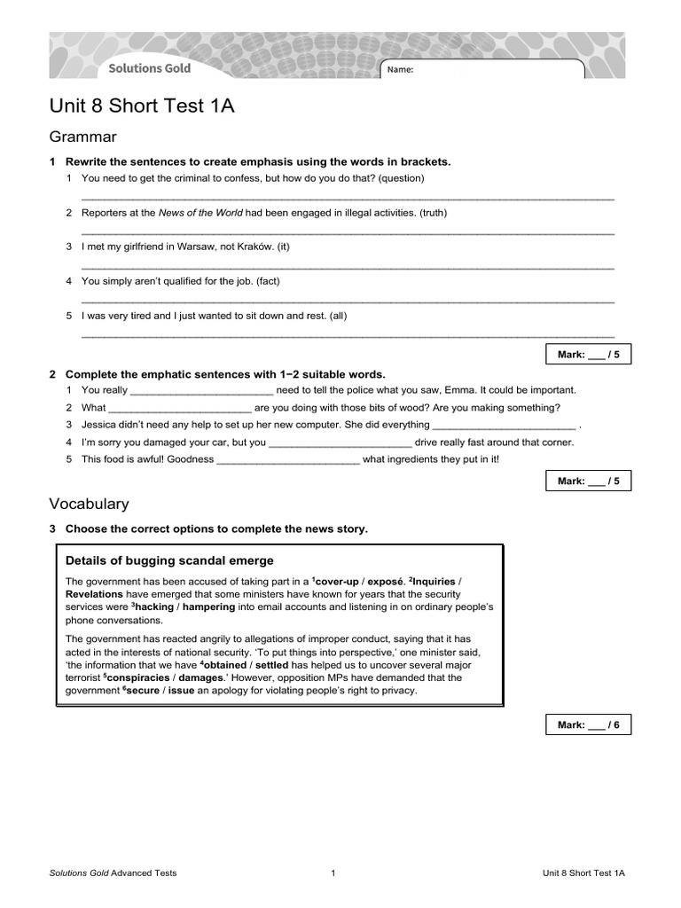 Unit 8 Test for Solutions Gold Advanced | PDF | Business | Finance ...