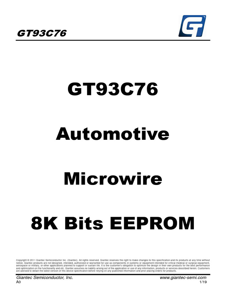 GT93C76 Automotive Microwire 8K Bits Eeprom Giantec Semiconductor, Inc