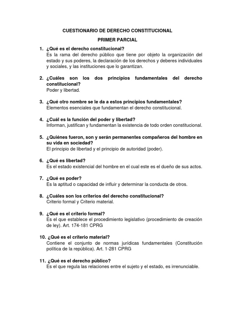Cuestionario de Derecho Constitucional | PDF | Constitución | Ley ...