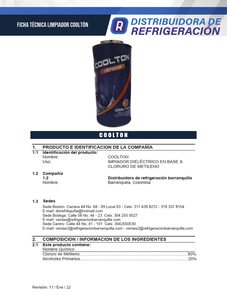 Ficha Tecnica y Datos de Seguridad Limpiador Coolton | PDF | Agua ...