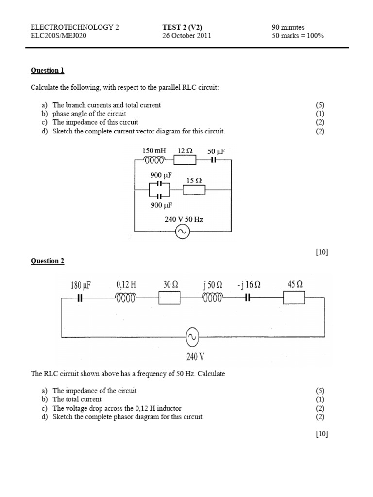 Electrotechnology RLC Circuit Test 2 | PDF | Electric Motor ...