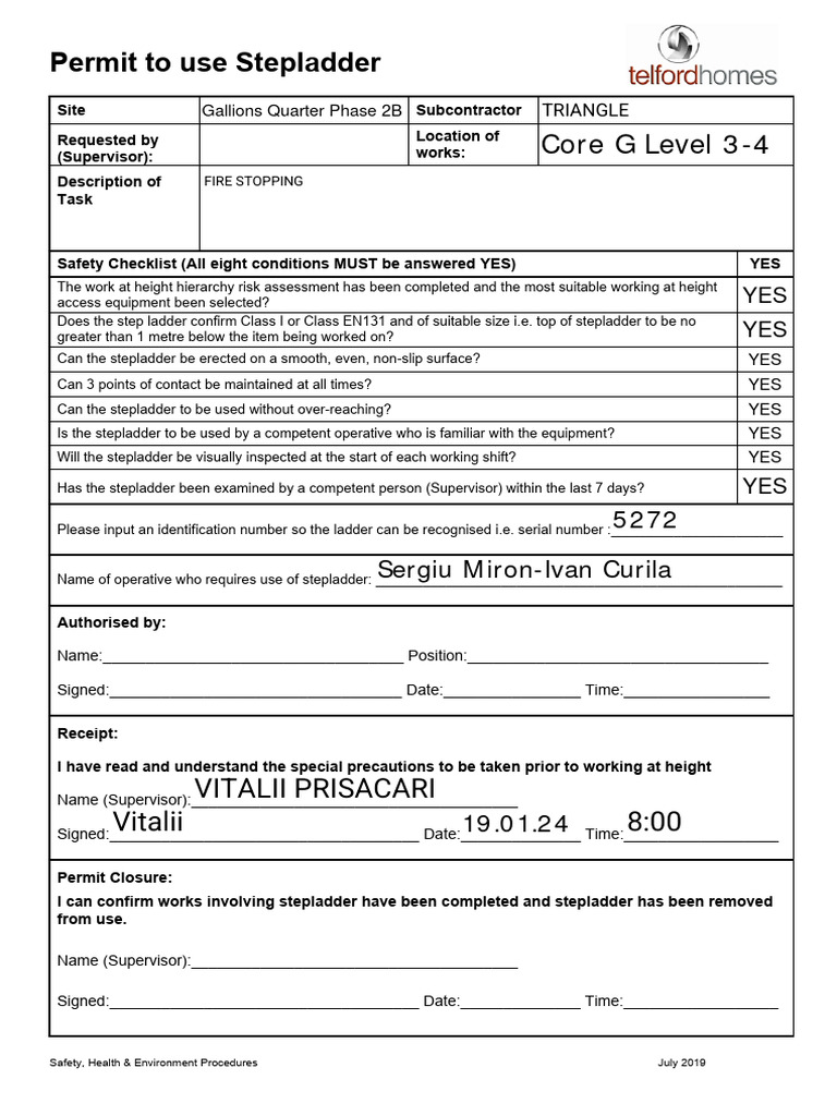 Stepladder Use Permit and Checklist | PDF | Ladder | Safety