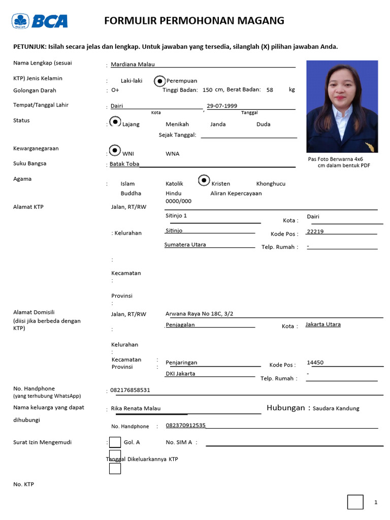 Formulir Magang Bakti BCA | PDF