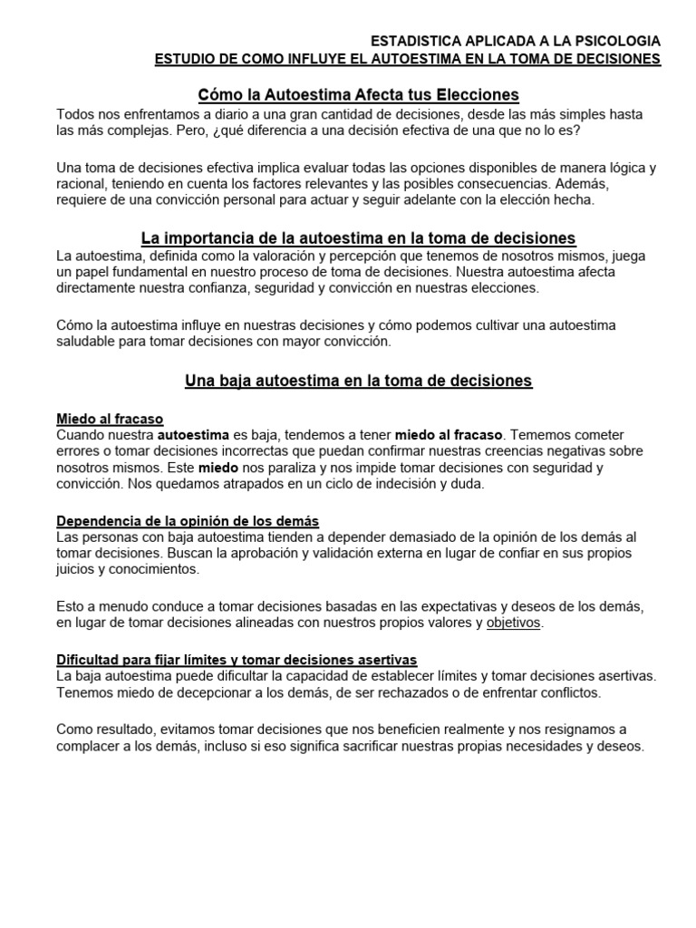 Autoestima y Toma de Decisiones | PDF | Toma de decisiones | Autoestima
