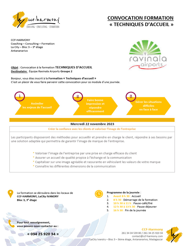 Formation Techniques d'Accueil Ravinala | PDF