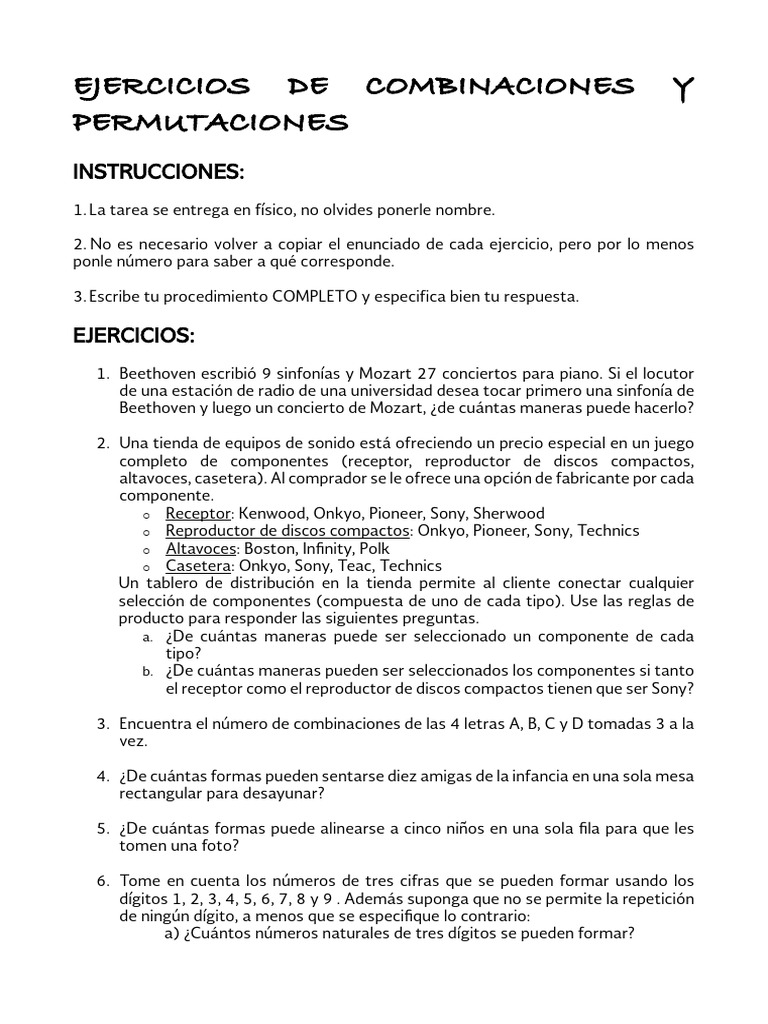 Ejercicios de Combinaciones y Permutaciones | PDF