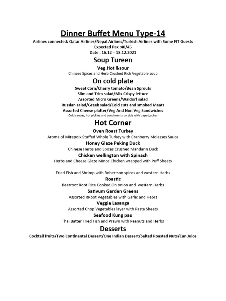 Airline Buffet Menu for VIP Guests | PDF