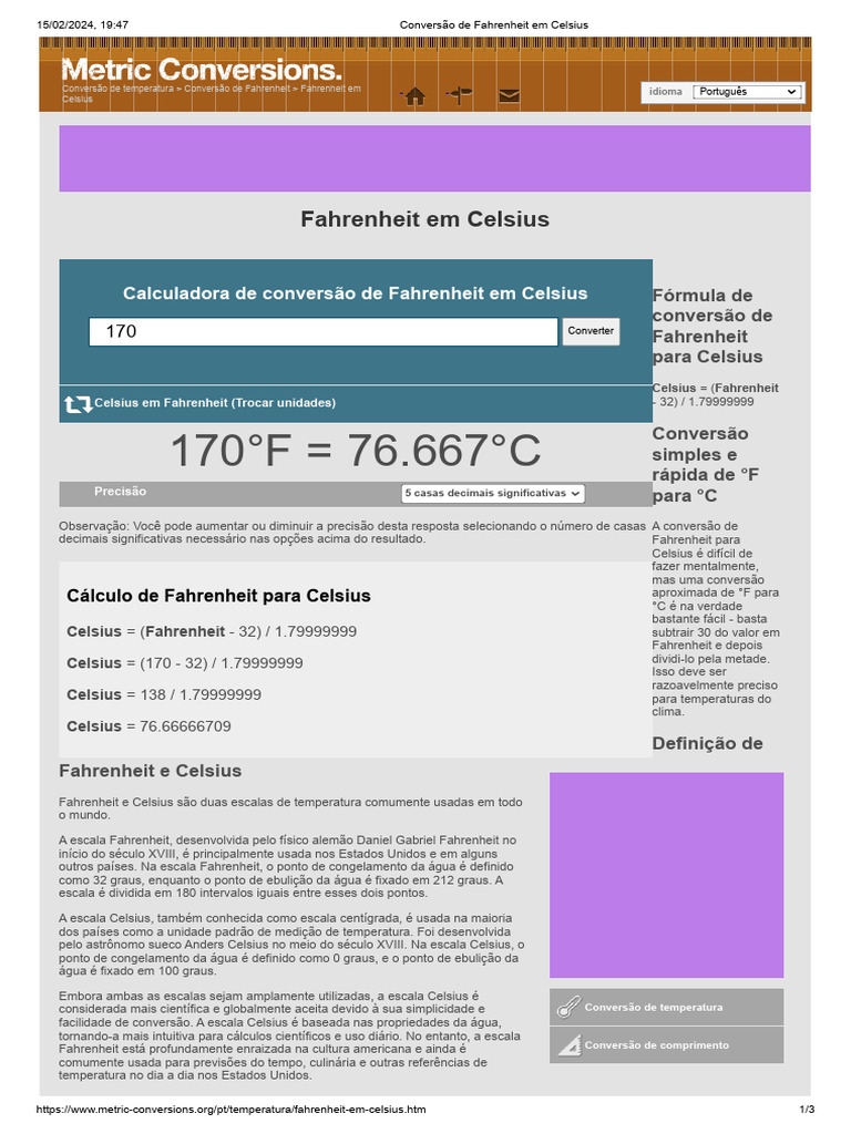 Conversão de Fahrenheit para Celsius | PDF | Fahrenheit | Celsius