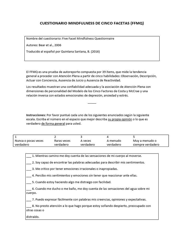 Cuestionario FFMQ de Mindfulness | PDF | Las emociones | Sicología