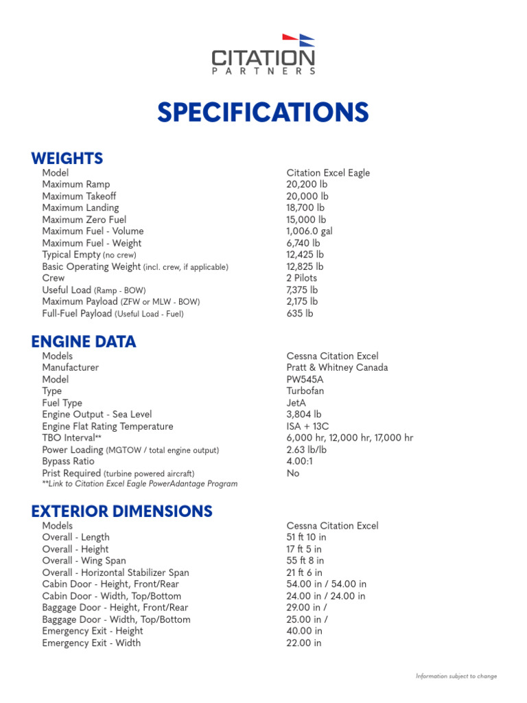 Citation Excel Eagle Specifications | PDF | Flight Control Surfaces ...