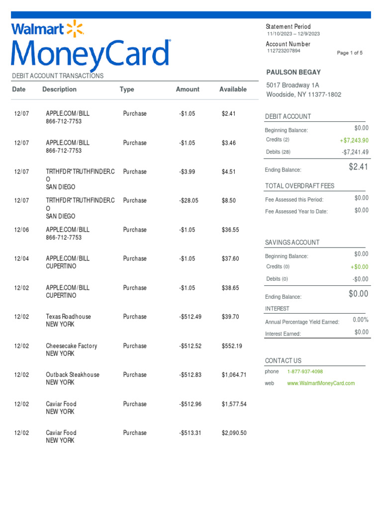 Walmart Money Card Bank Statement PDF Credit Card Debits And Credits