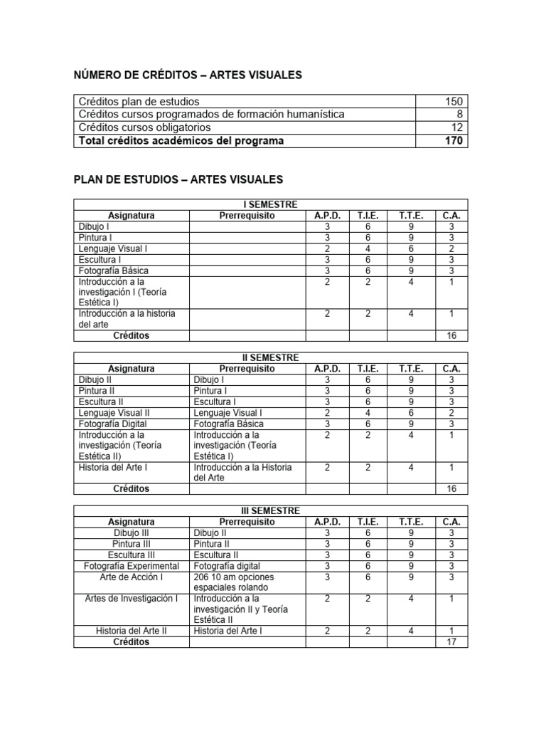 Plan de Estudios en Artes Visuales | PDF | Crédito del curso | Las artes