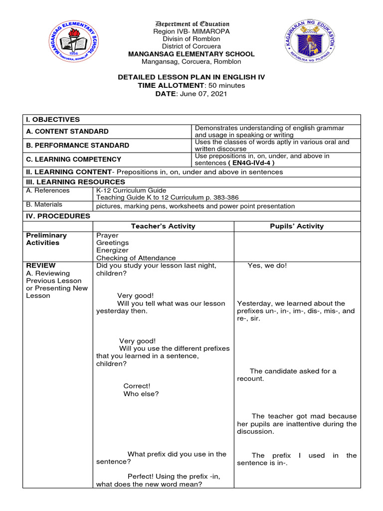 Grade 4 Preposition Lesson Plan | PDF | Lesson Plan | Linguistics