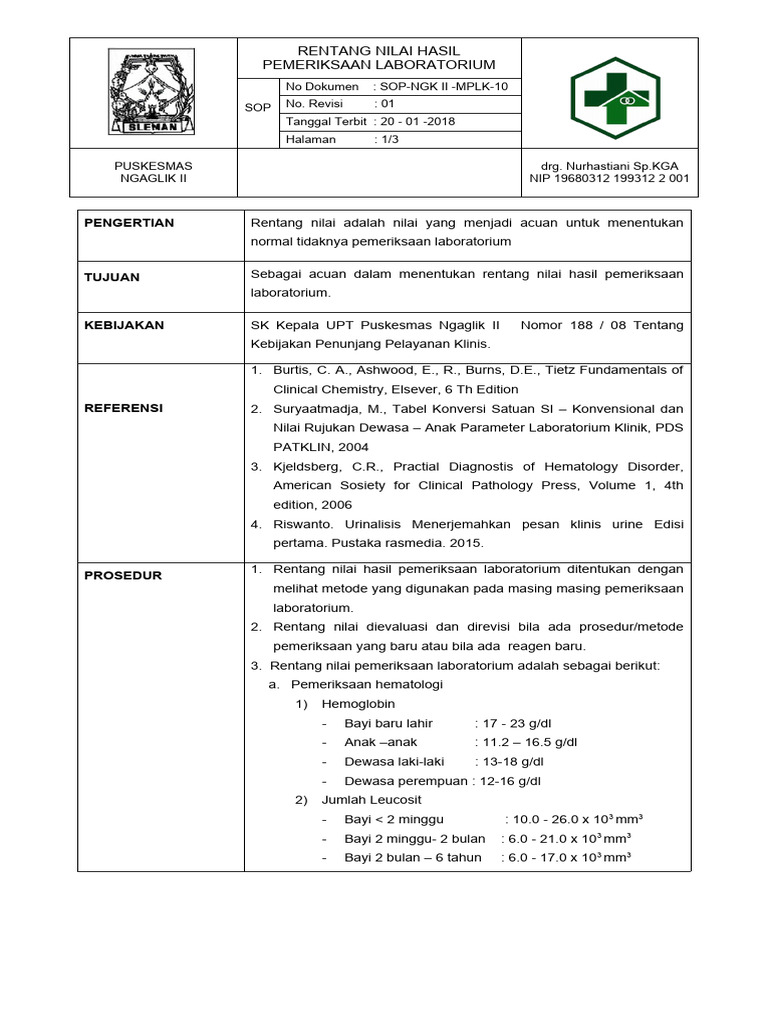 Sop Rentang Nilai Hasil Pemeriksaan Laboratorium | PDF | Pengembangan Diri