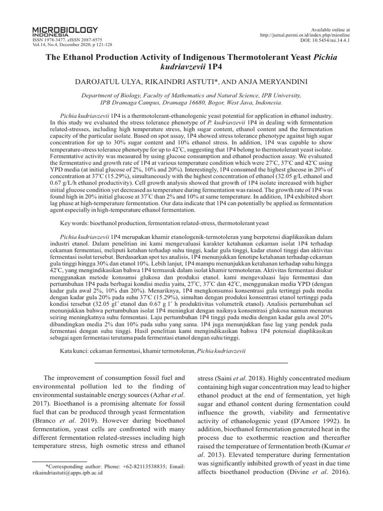 The Ethanol Production Activity of Indigenous Ther | PDF | Yeast ...