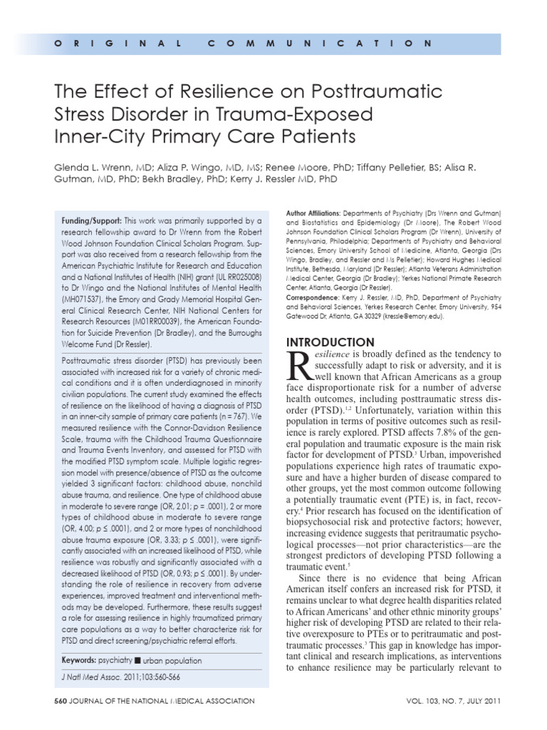 The Effect of Resilience On Posttraumatic Stress Disorder in Trauma ...