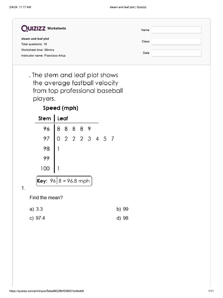 Steam and Leaf Plot Quiz Worksheet | PDF | Statistics | Elementary ...