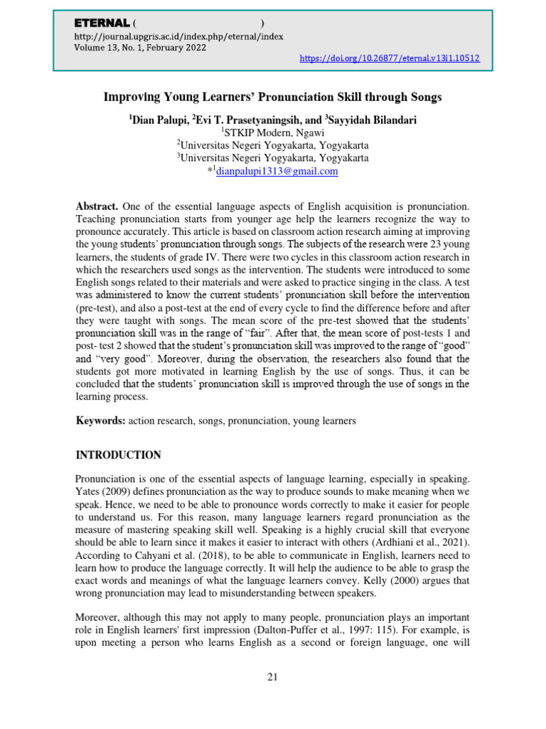 Improving Young Learners ' Pronunciation Skill Through Songs | PDF ...