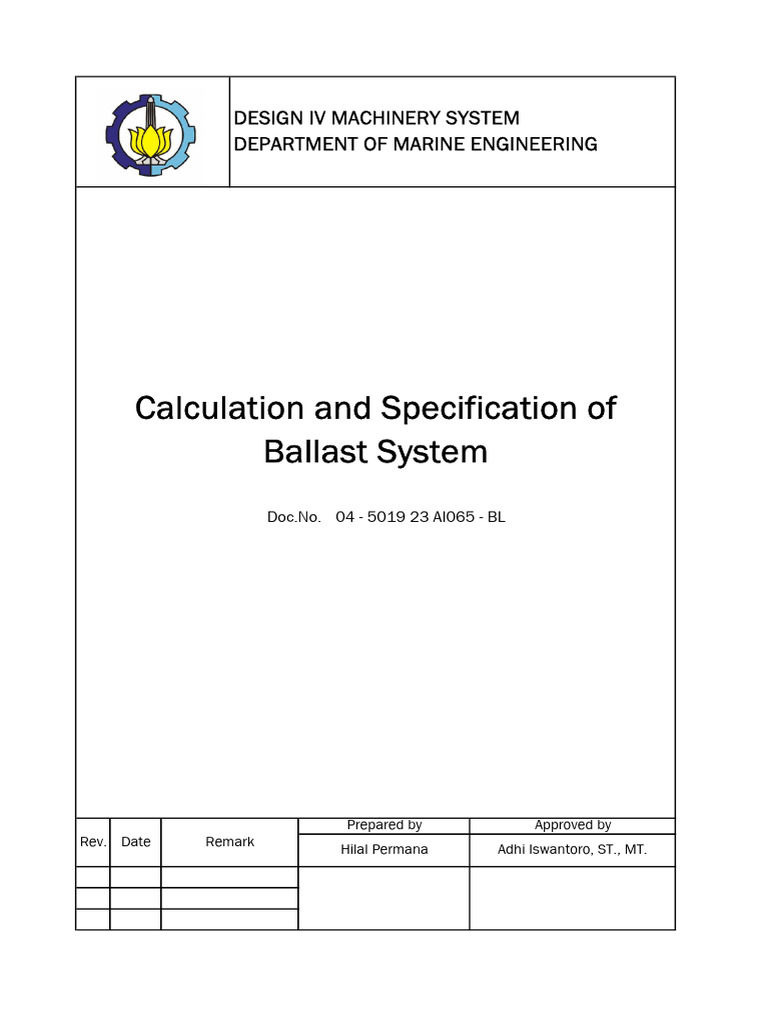 Calculation and Specification of Ballast System Design Iv Machinery