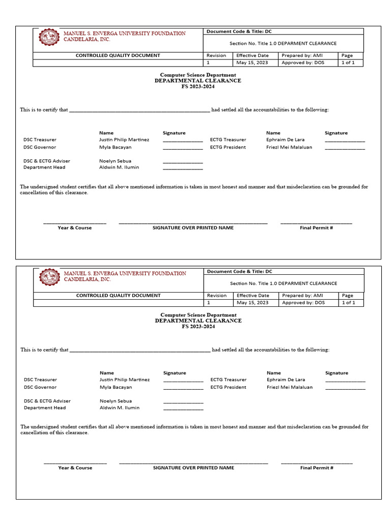 Computer Science Dept Clearance Form | PDF | Finance & Money Management