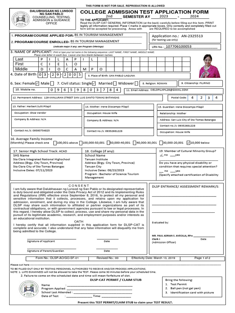 College Admission Test Application Form: Bs in Tourism Management Bs in ...