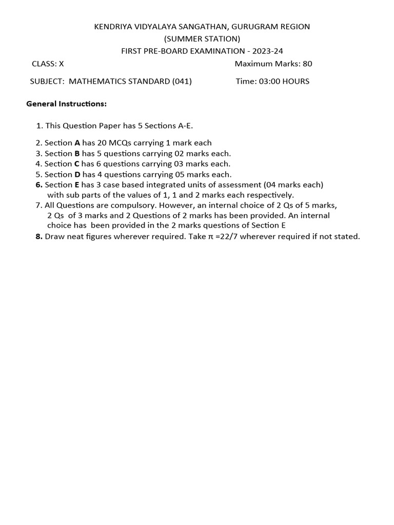 Class X Maths (Stanard) 2023-24 (KVS, Gurugram) | PDF | Circle | Air ...