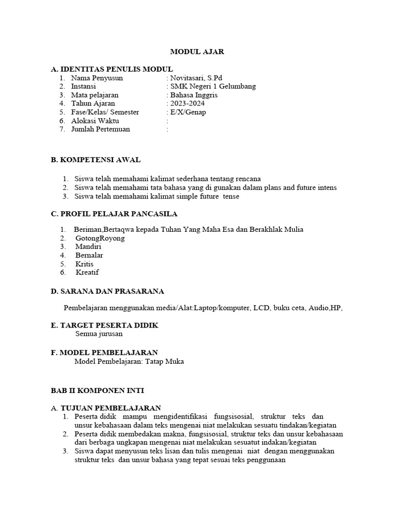 Modul Ajar Bahasa Inggris Simple Future Tense Pdf