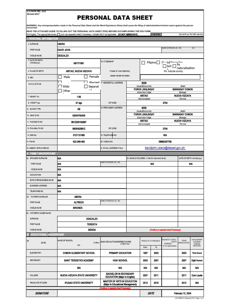 Updated Personal Data Sheet 2024 | PDF