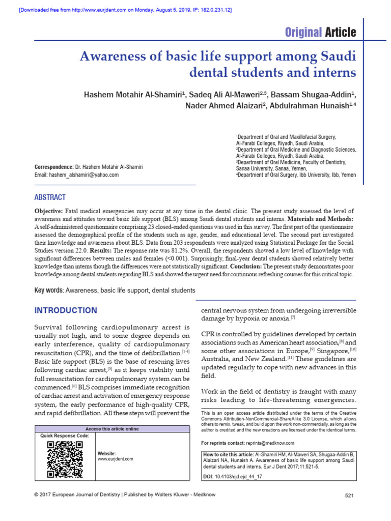 Saudi Dental Students' BLS Awareness | PDF | Cardiopulmonary ...