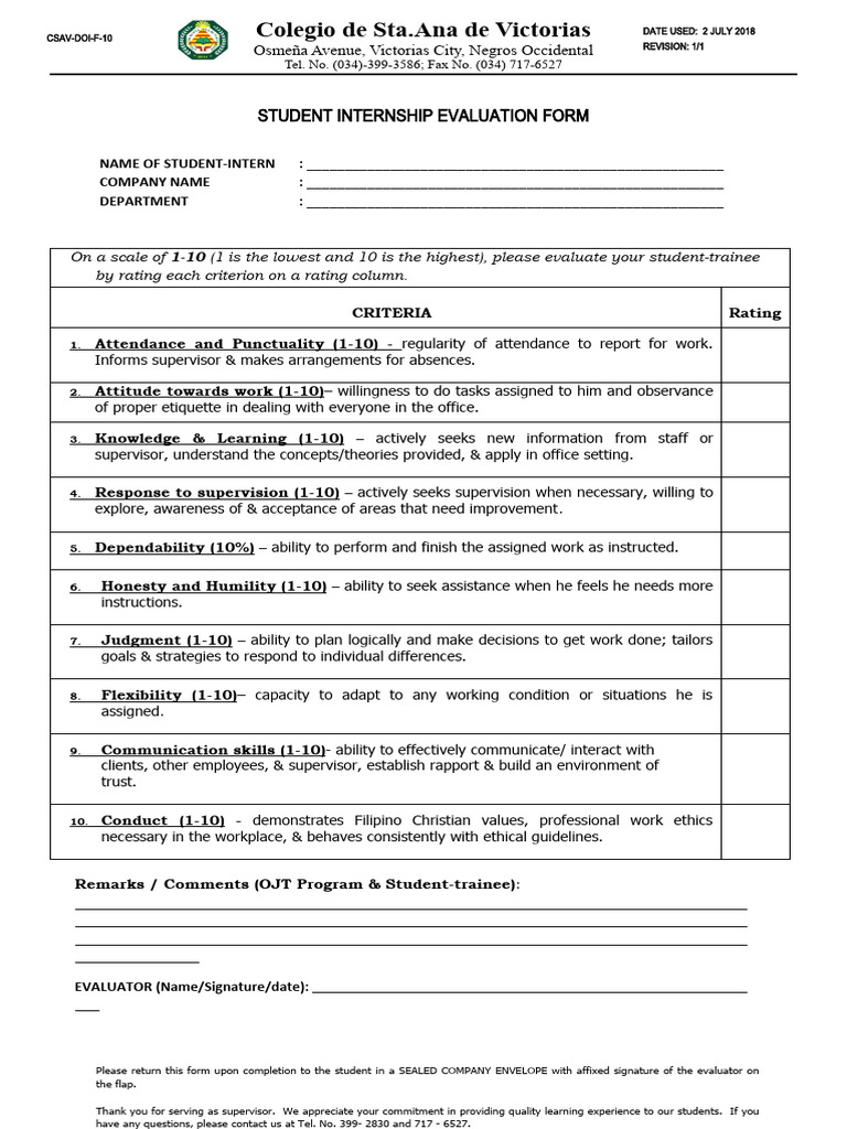 Student Internship Evaluation Form | PDF | Psychological Concepts ...