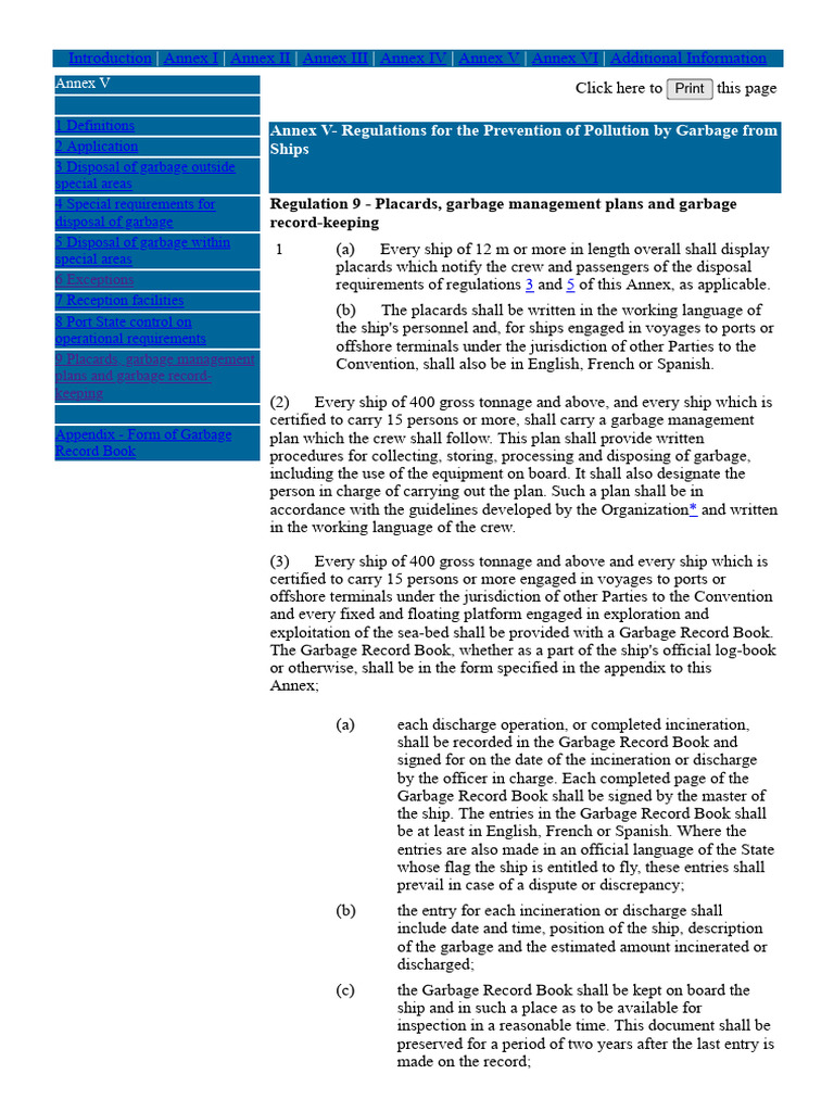 Annex V - Regulation 9 - Placards, garbage management plans and garbage ...