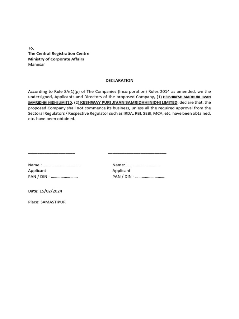 Keshway Puri Nidhi Limited Declaration | PDF | Finance & Money Management
