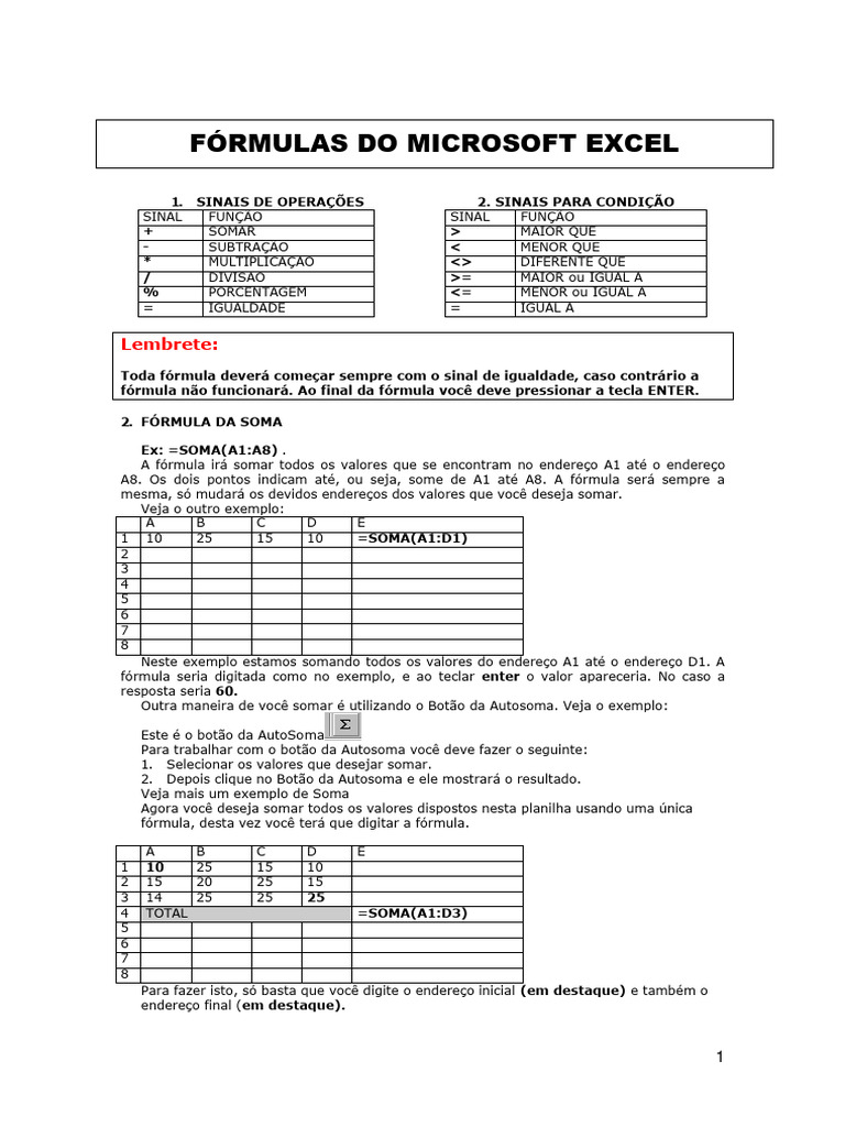 F rmulas do excel pdf c lculo
