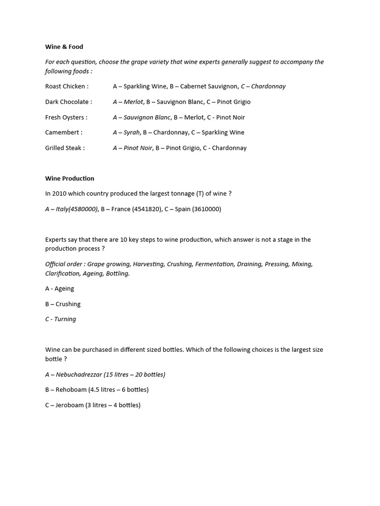 Wine Pairing and Trivia Quiz | PDF