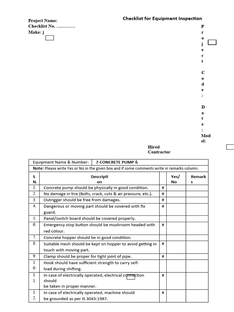 Checklist For Equipment Inspection CONCRETE PUMP | PDF | Mechanical ...