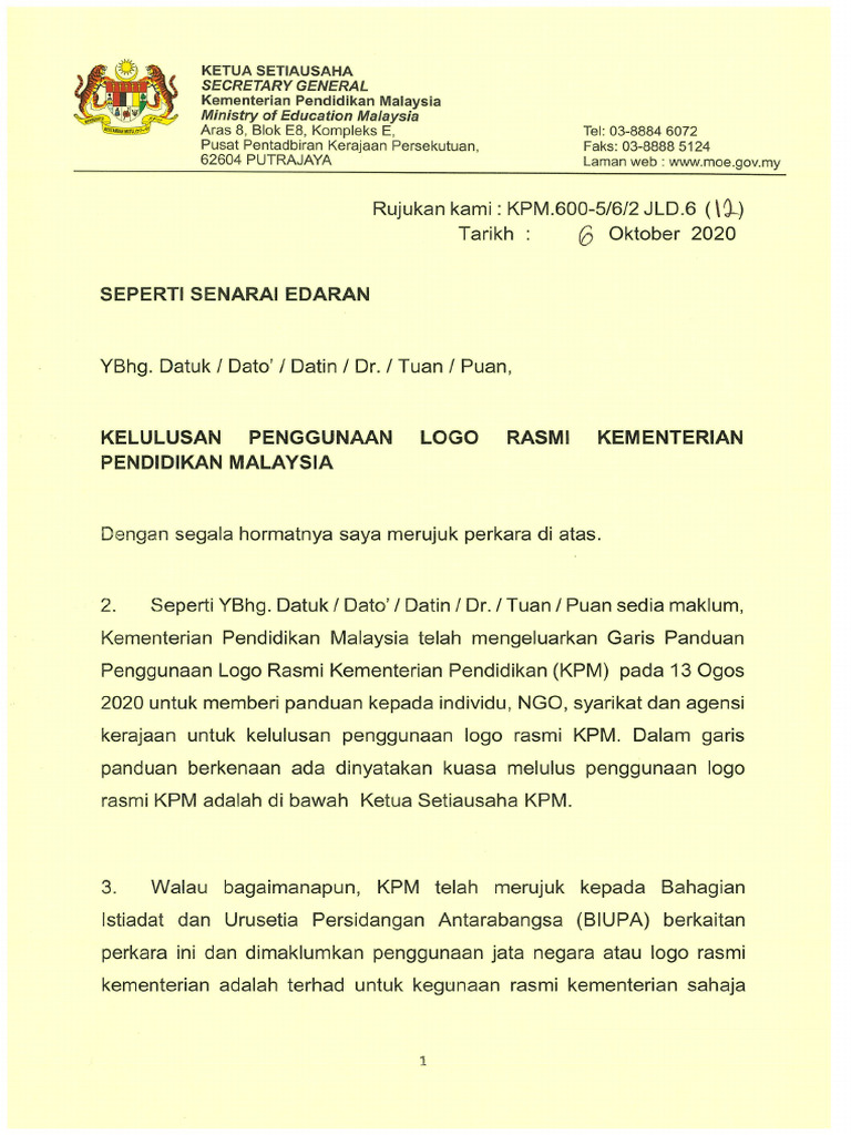 Kelulusan Penggunaan Logo Rasmi Kementerian Pendidikan Malaysia | PDF