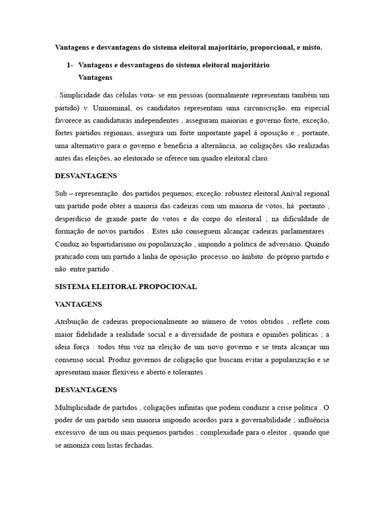 Vantagens e desvantagens do sistema eleitoral majorit rio proporcional