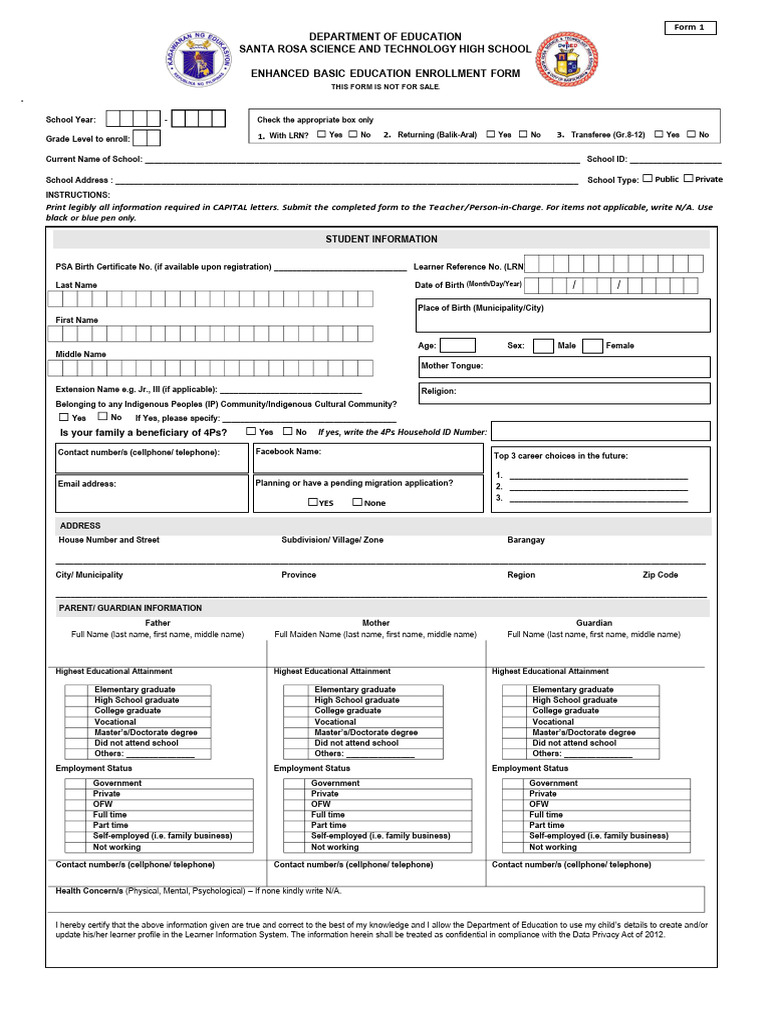Enhanced Basic Education Enrollment Form | PDF | Academic Degree