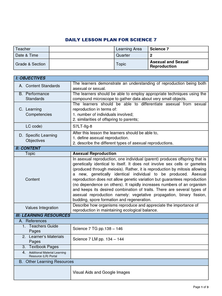 Lesson Plan For Science G7 13 | PDF | Reproduction | Nature