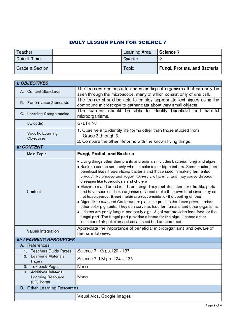 Microorganisms Lesson Plan for Grade 7 | PDF | Fungus | Algae